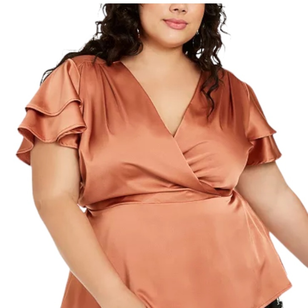 MONTEAU Trendy Satin Flutter Sleeve Peplum in Pumpkin 2X -NWOT